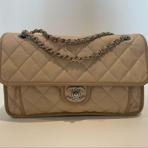 Chanel Quilted Flap Bag - Beige with Silver chain hardware